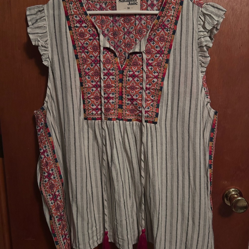 Savanna Jane Striped Blouse with Colorful Embroidery